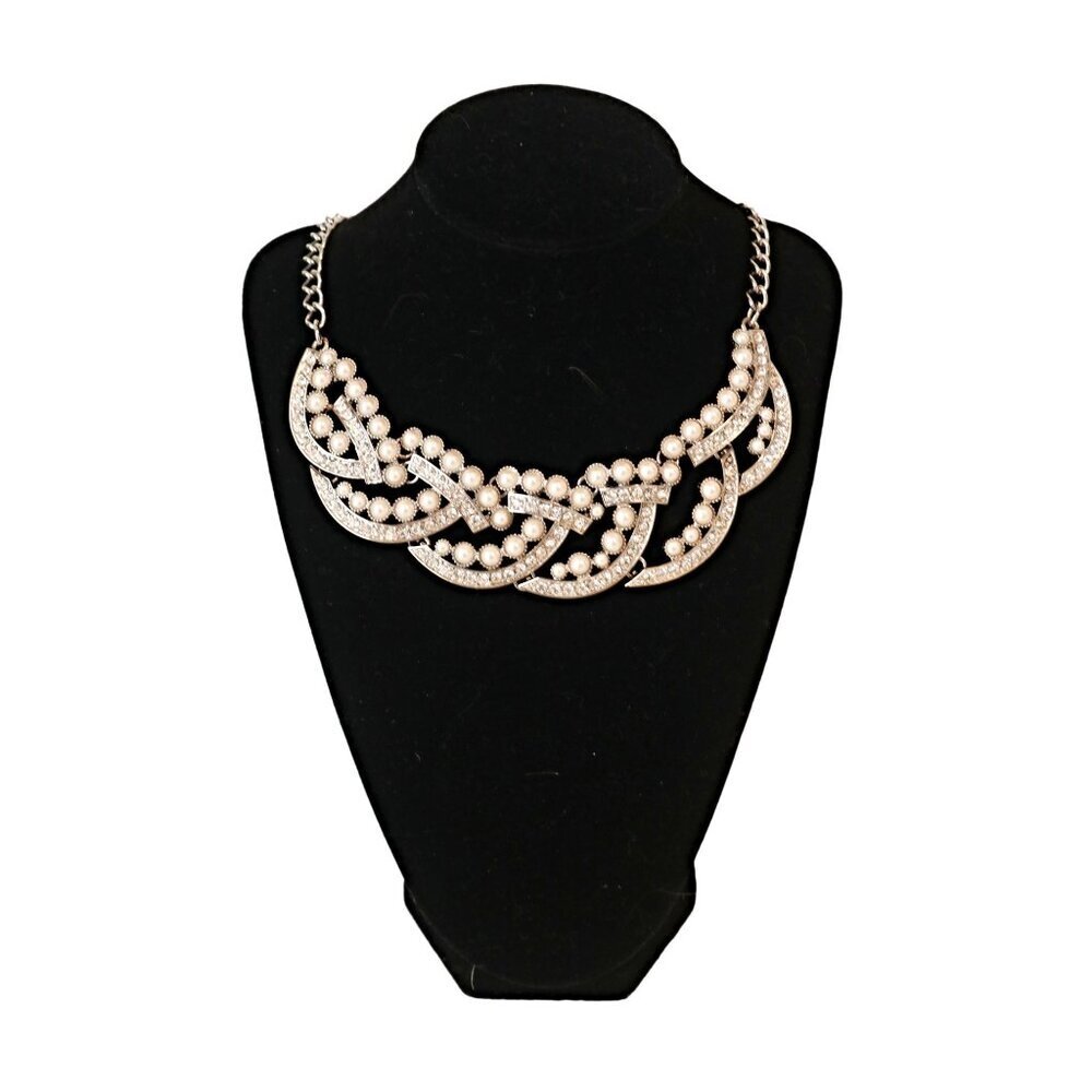 Ann Taylor Silver Tone Faux Pearl & Rhinestone Statement Necklace 19"